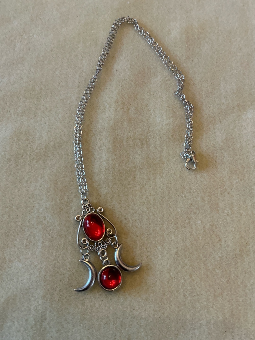 Silver-Tone Red Gem Crescent Pendant Necklace - Women Jewelry